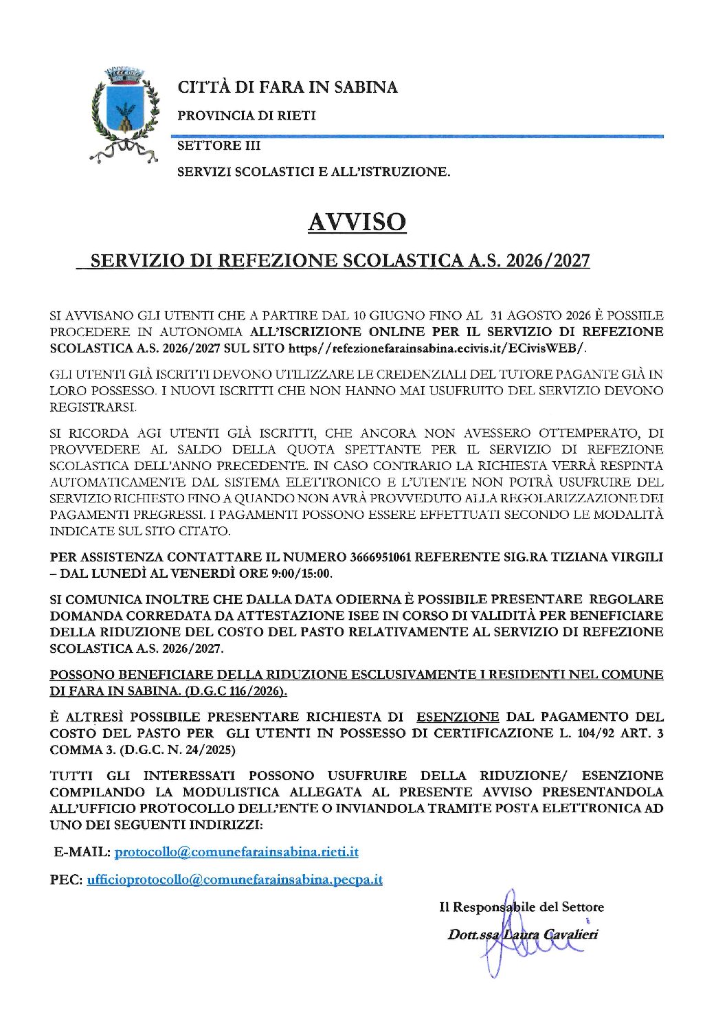 AVVISO – ISCRIZIONI SERVIZIO DI REFEZIONE SCOLASTICA A.S. 2026/2027.