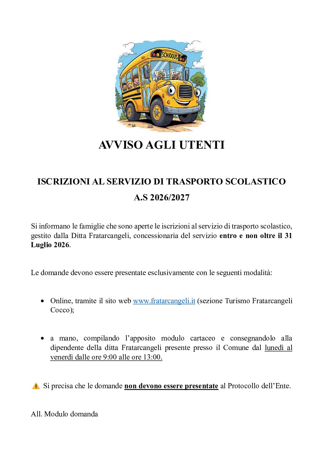 AVVISO ISCRIZIONE SERVIZIO DI TRASPORTO SCOLASTICO A.S. 2026/2027