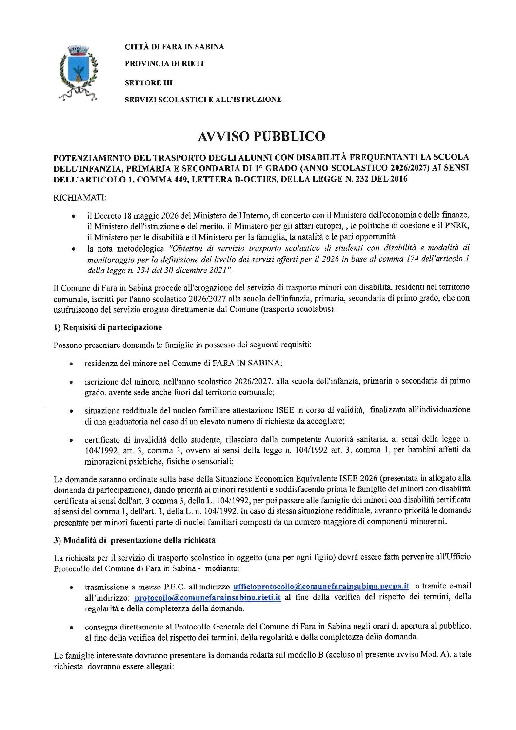 POTENZIAMENTO DEL TRASPORTO DEGLI ALUNNI CON DISABILITA’ SCUOLA DELL’INFANZIA, PRIMARIA E SECONDARIA DI I° – AVVISO .