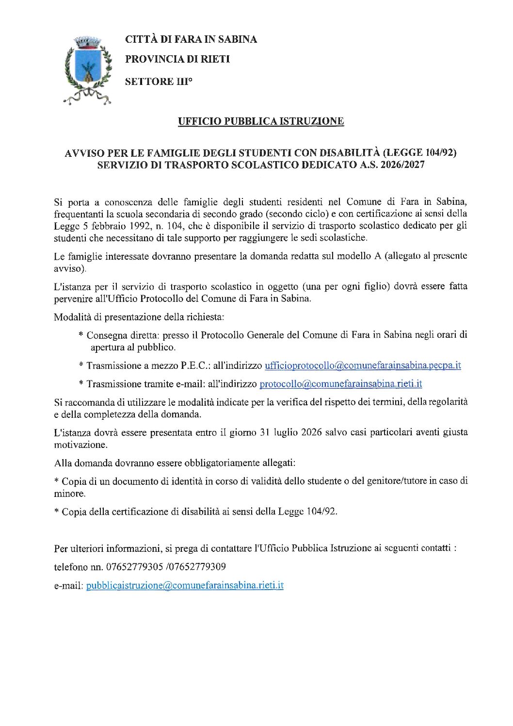 TRASPORTO SCOLASTICO DEDICATO STUDENTI CON DISABILITA’ – AVVISO ISCRIZIONI